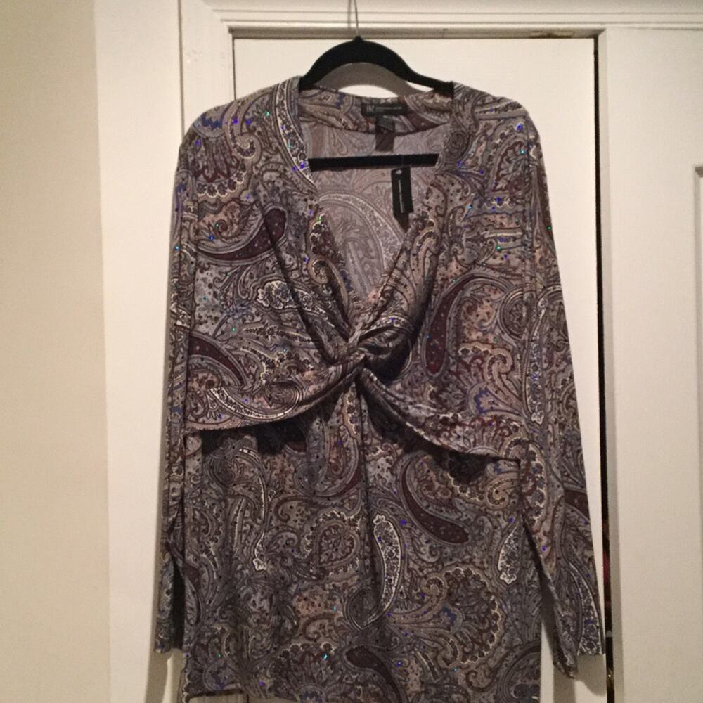 Inc brown paisley tunic w/ blue beading 2x NWT